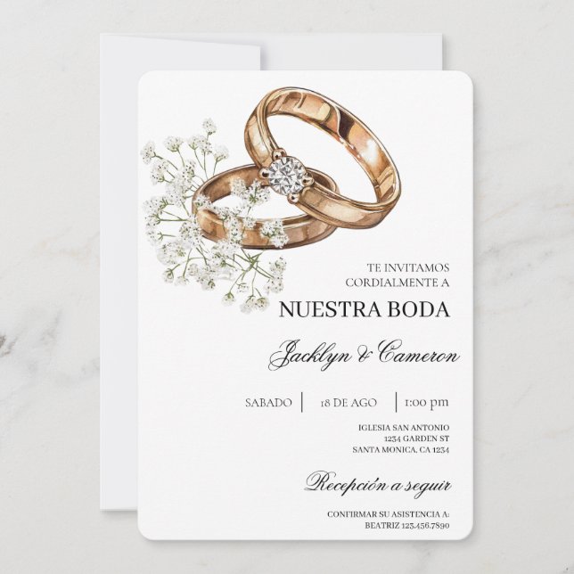 Convite White Floral com anel Casamento Espanhol (Frente)