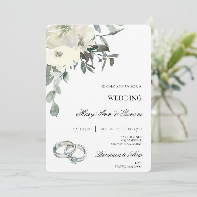 Convite White Floral com anel de ouro Casamento (Em pé/Frente)