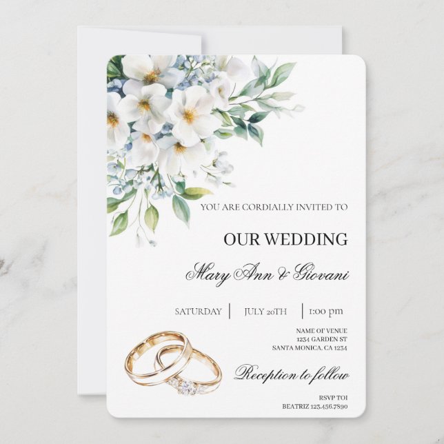 Convite White Floral com anel de ouro Casamento (Frente)