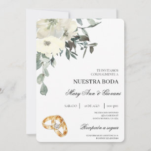 Convite White Floral com anel de ouro Casamento Espanhol