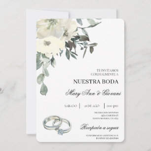 Convite White Floral com anel prateado Casamento Espanhol