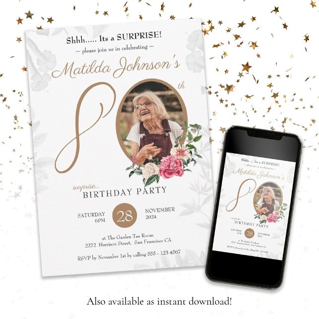 Convite White Floral Custom Photo Surprise Birthday (White 80th Surprise Birthday Floral Custom Photo Invitation)