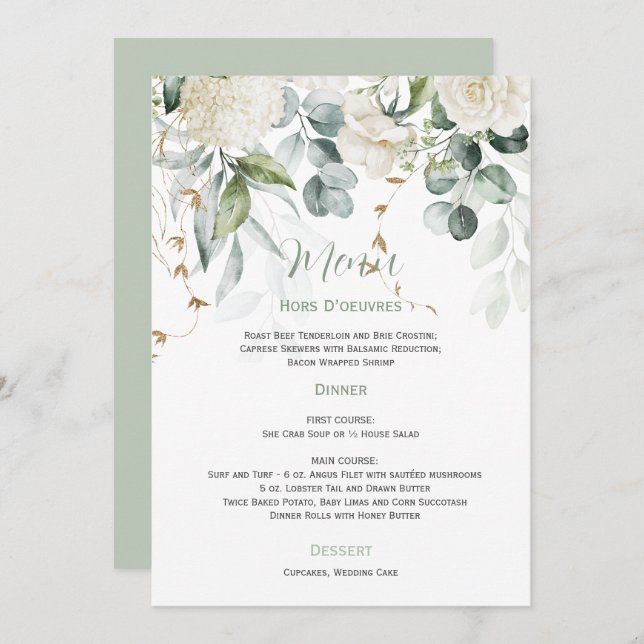 Convite White Floral e Eucalyptus Weding Menu (Frente/Verso)