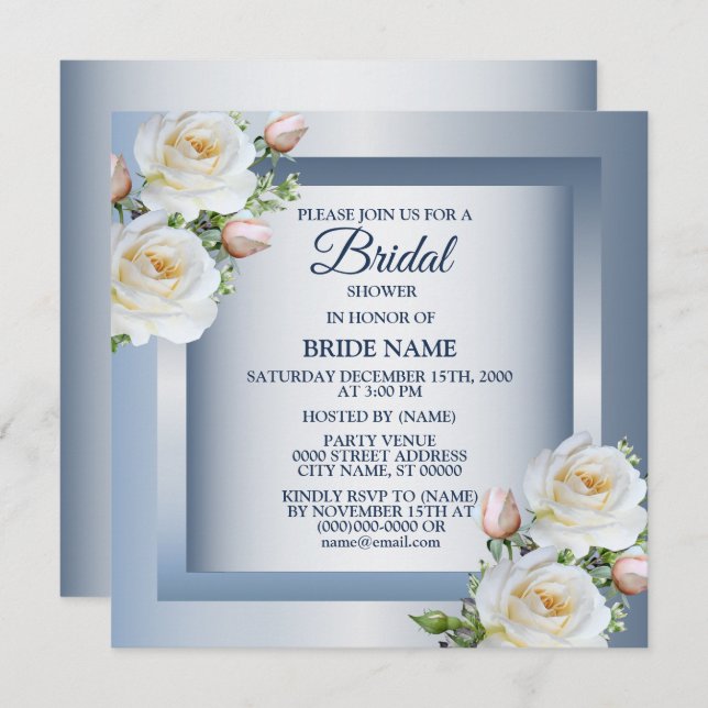 Convite White Floral Elegant Blue Gray Bridal Shower (Frente/Verso)