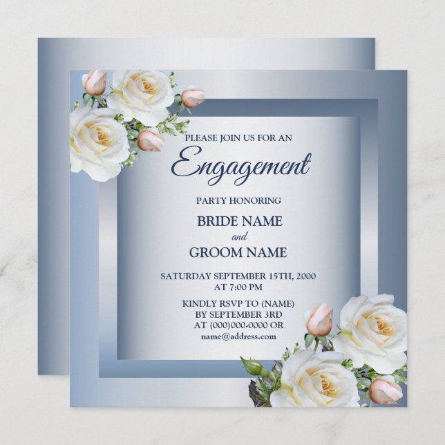 Convite White Floral Elegant Blue Gray Engagement Party (Frente/Verso)