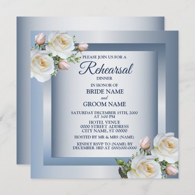 Convite White Floral Elegant Blue Gray Rehearsal Dinner (Frente/Verso)