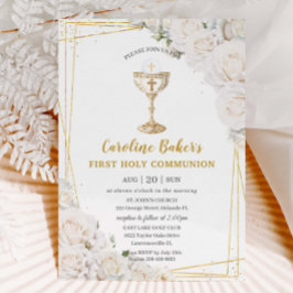 Convite White Floral First Santa Comunhão Dourada Chalice