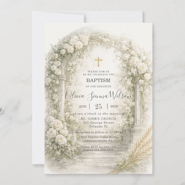 Convite White Floral Garden Wheat Baptism Christening (Frente)