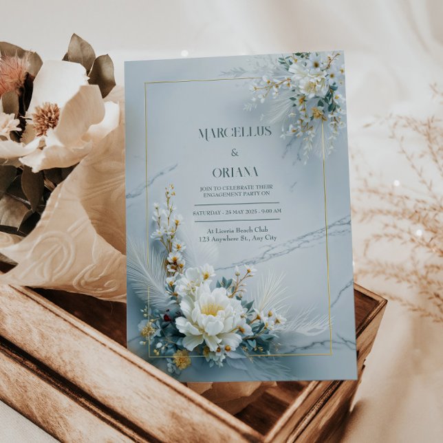 Convite White Floral Gold Frame Marble Texture Wedding (Criador carregado)