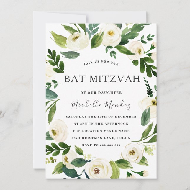 Convite White Floral Green Wreath Modern Bat Mitzvah (Frente)