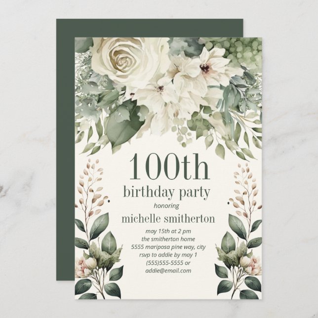 Convite White Floral Sage Green deixa 100º aniversário (Frente/Verso)