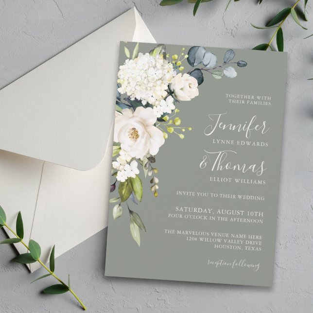 Convite White Floral sobre Sage Green Elegant Wedding (Criador carregado)