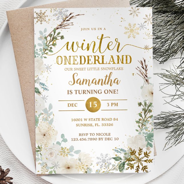 Convite White Floral Winter Onderland primeiro aniversario (Criador carregado)