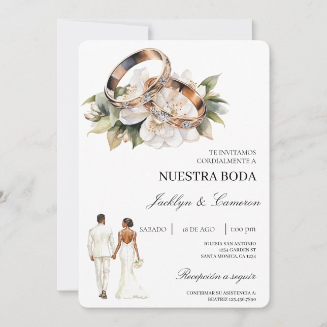 Convite White Floral with ring Spanish Wedding (Frente)