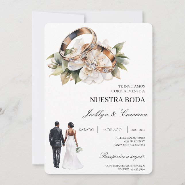 Convite White Floral with ring Spanish Wedding (Frente)
