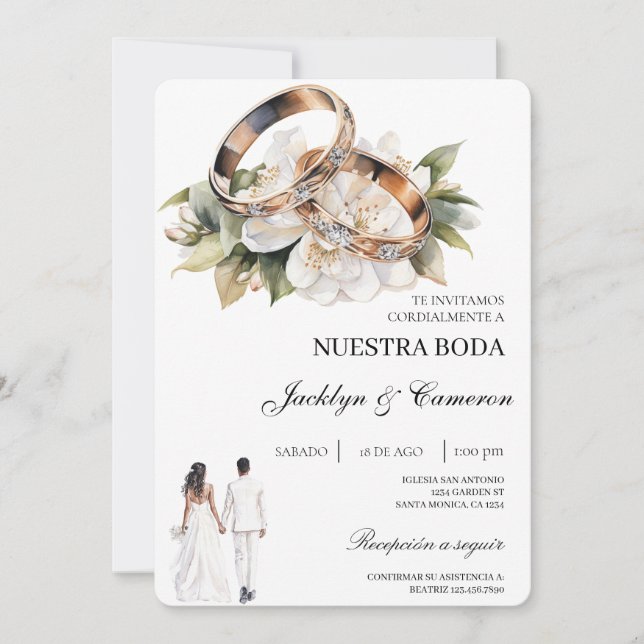 Convite White Floral with ring Spanish Wedding (Frente)