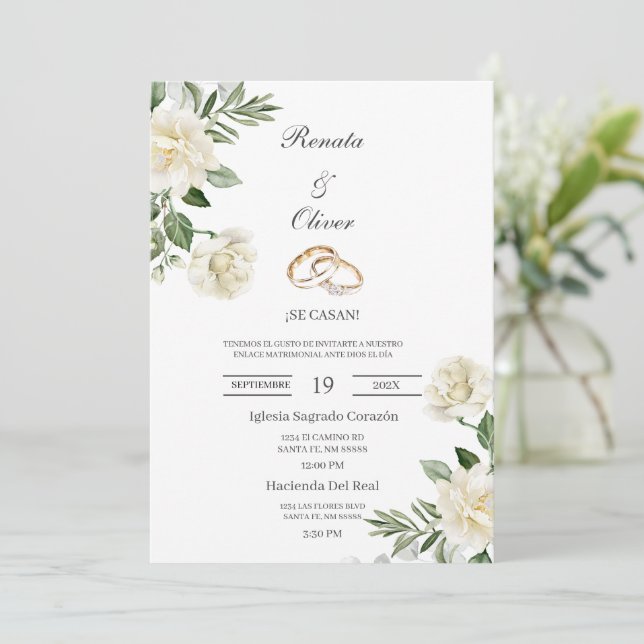 Convite White flow wedding ring Spanish Wedding Invitation (Em pé/Frente)