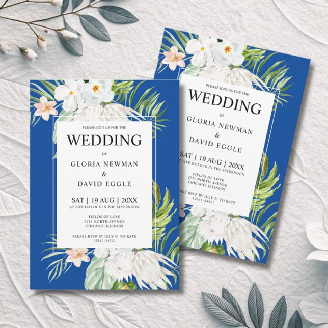 Convite White Flowers on Blue Wedding  Invitation (Criador carregado)
