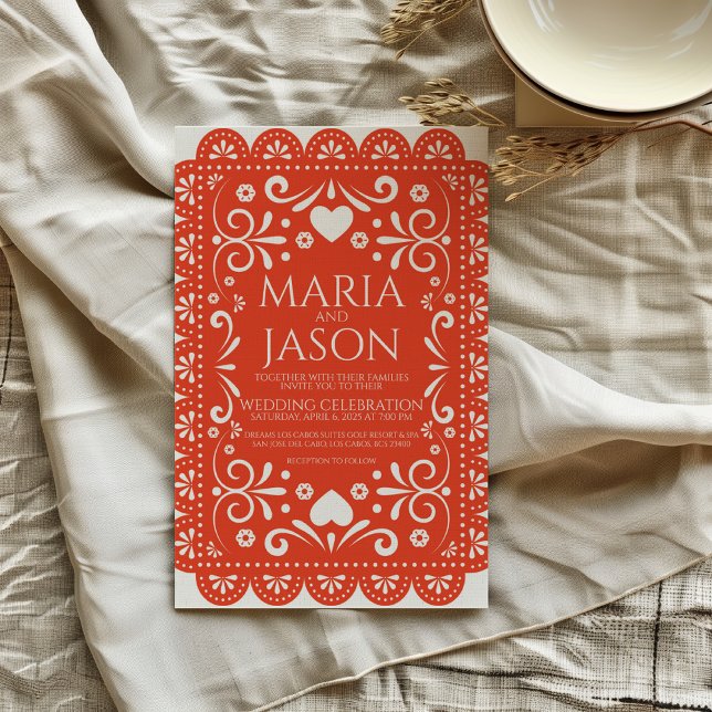 Convite White Folk Art Wedk, Branca, Papel Mexicano Picado (Mexican Papel Picado Orange White Folk Art Wedding Invitation)