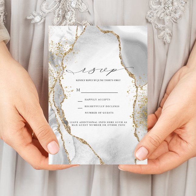 Convite White, Gold & Grey Mist Agate Wedding RSVP (Criador carregado)