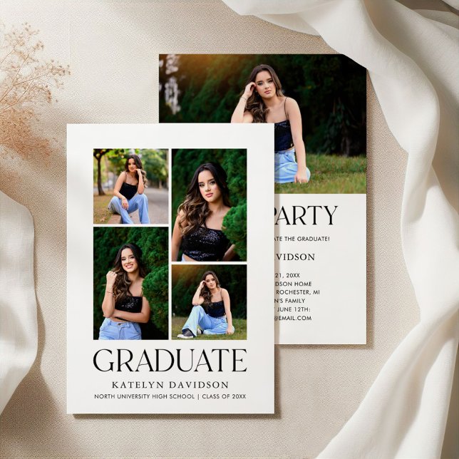Convite White Graduate Four Photo Collage Black Grad Party (Criador carregado)