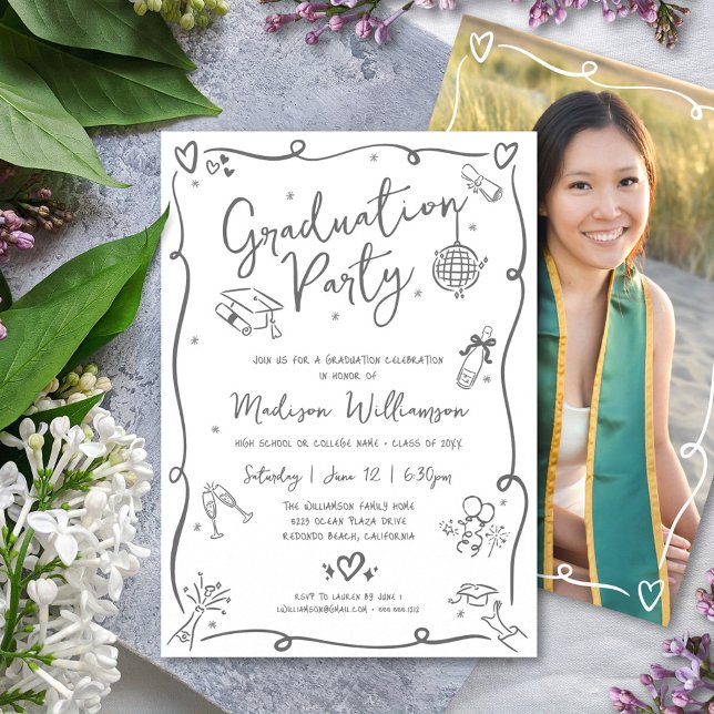 Convite White Gray Hand Drawn Doodle Photo Graduate Party (Criador carregado)