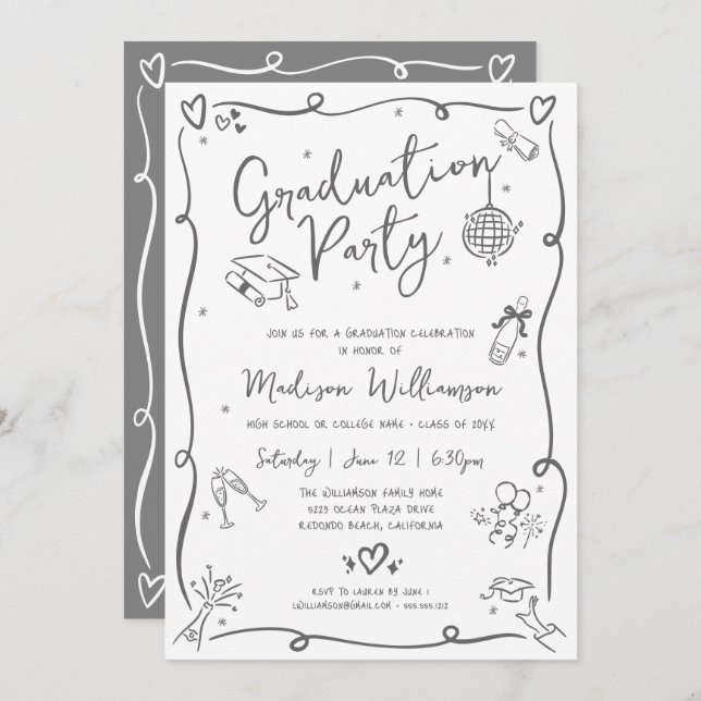 Convite White Gray Hand Drawn Doodles Graduation Fun Party (Frente/Verso)