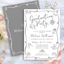 Convite White Gray Hand Drawn Doodles Graduation Fun Party