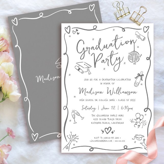 Convite White Gray Hand Drawn Doodles Graduation Fun Party (Criador carregado)