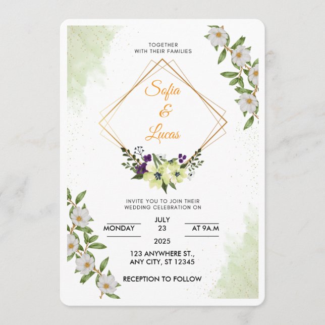 Convite White & Green Floral Watercolor Wedding Invitation (Frente)