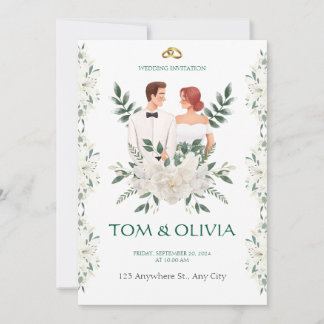Convite White & Green Minimalist Floral Wedding Invitation