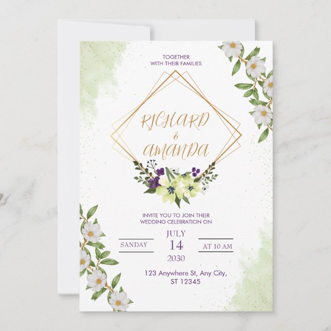 Convite White & Green Watercolor Floral Wedding Invitation (Frente)