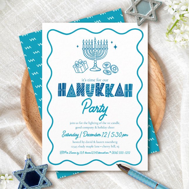 Convite White Hanukkah Turquoise Typography Doodle Party (Criador carregado)