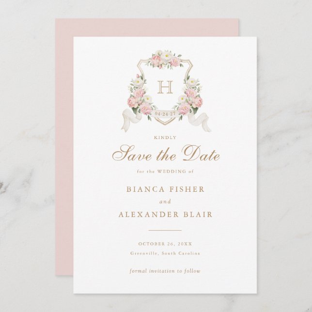 Convite White Hydrangea Greenery Crest Salvar a Data (Frente/Verso)