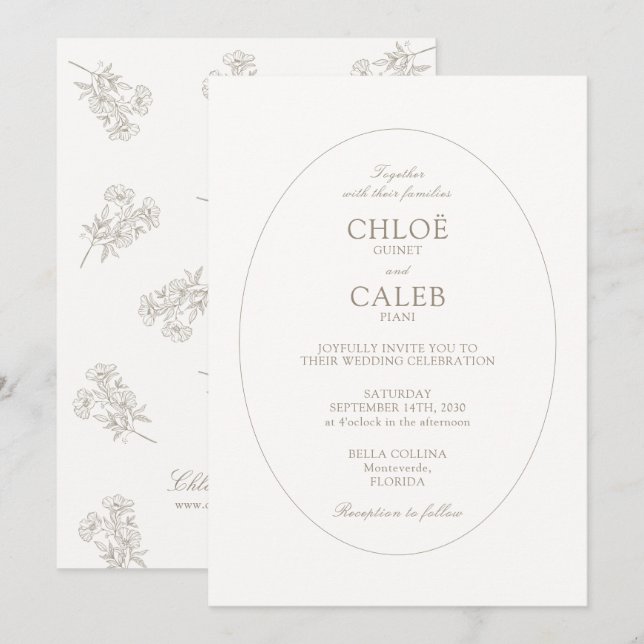 Convite White Ivory | Chic Oval Botanical Wedding (Frente/Verso)