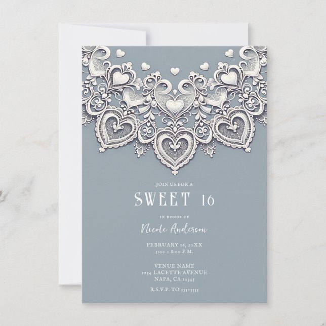 Convite White Lace Hearts Romântico Charm Sweet 16 (Frente)