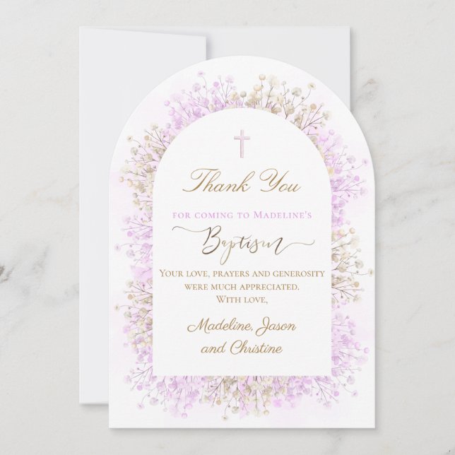 Convite white lilac flowers Baptism thank you card (Frente)