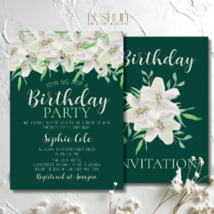 Convite White Lily Birthday Elegante Emerald Green Floral
