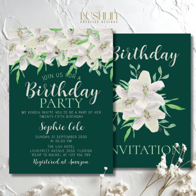Convite White Lily Birthday Elegante Emerald Green Floral (Criador carregado)