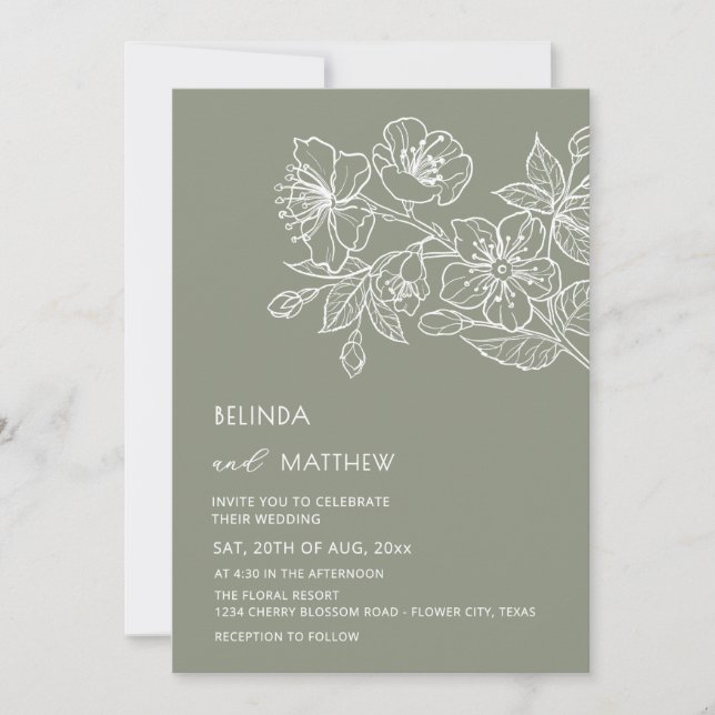 Convite White Line Art Flowers Sage Green Casual Wedding (Frente)