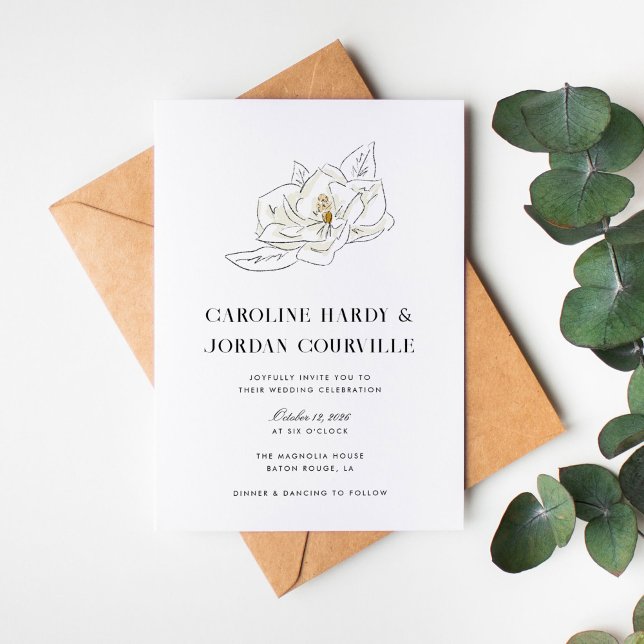 Convite White Magnolia Ilustração Moderna Casamento Mínimo (Elegant Southern-inspired white magnolia illustration wedding invitation.)