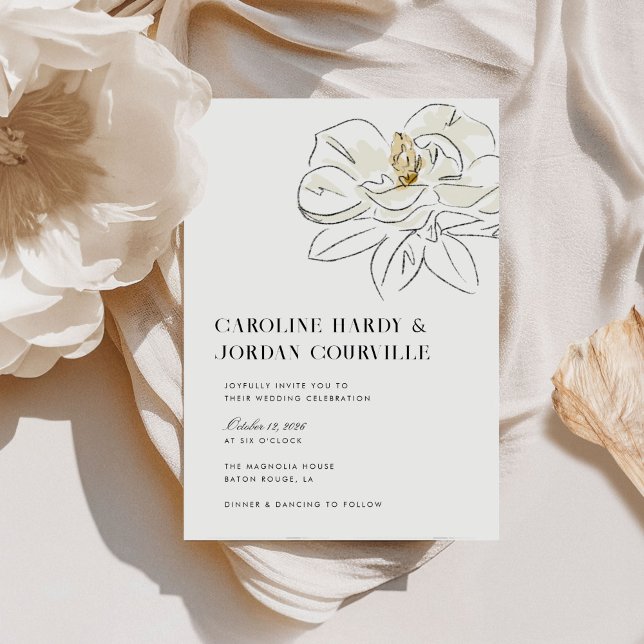 Convite White Magnolia Ilustração Moderna Casamento Mínimo (Elegant Southern-inspired white magnolia illustration wedding invitations.)