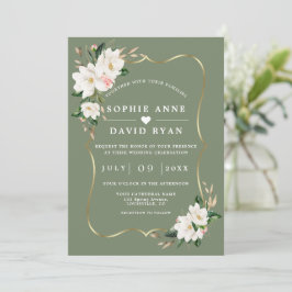 Convite White Magnolia Sage Green All In One Wedding
