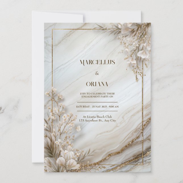 Convite White Marble Gilded Botanical Wedding (Frente)