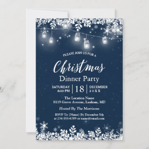 Convite White Mason Jar Lights Snowflakes Festa de Natal
