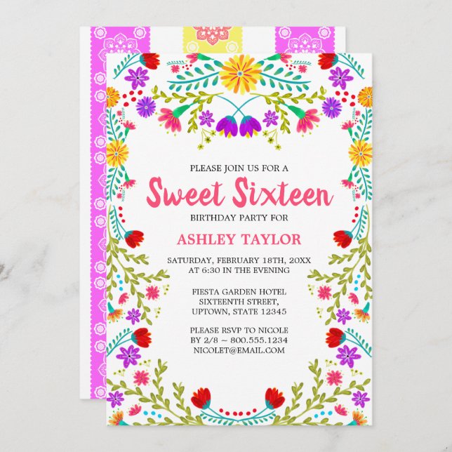 Convite White Mexicano Fiesta Folk Art Floral Sweet 16 (Frente/Verso)