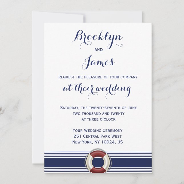 Convite White Nautical Wedding Invitations With Lifesaver (Frente)
