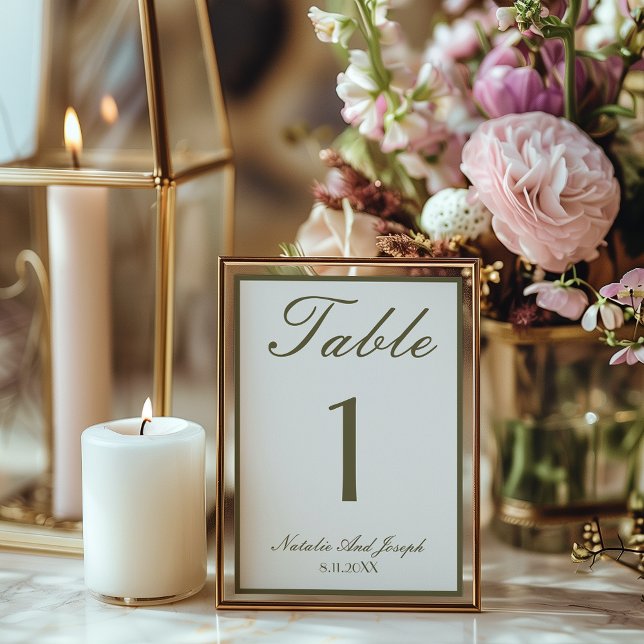 Convite White Olive Green Old Money  Wedding Table Number (Criador carregado)