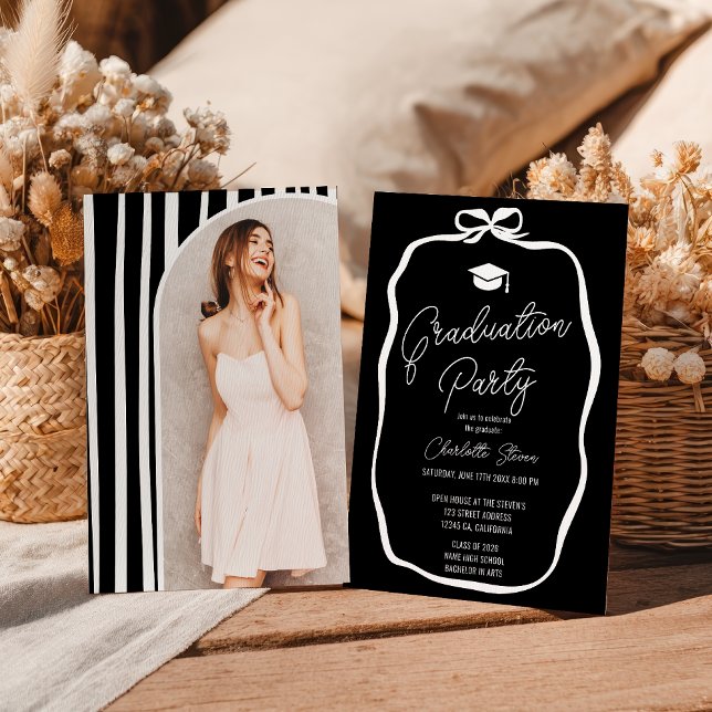 Convite White on Black Coquette Bow photo graduation (White on Black Coquette Bow photo graduation Invitation)