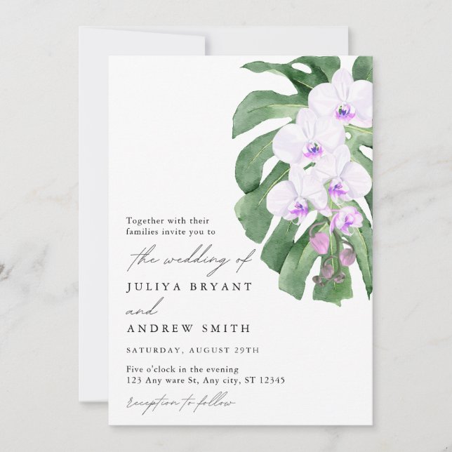 Convite White Orchid on Tropical leaf script wedding (Frente)